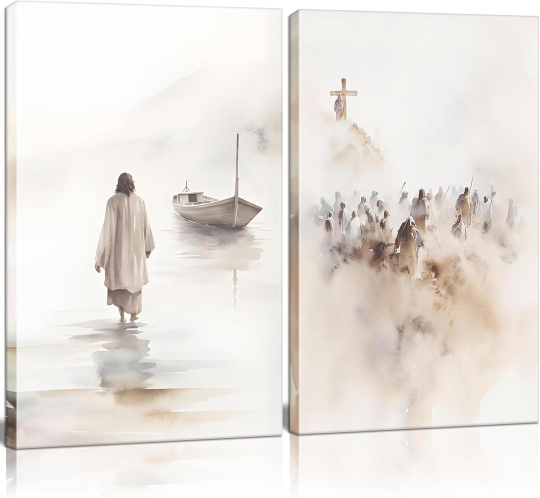 2Pcs Framed Jesus Wall Art Christian Bible Canvas Wall Decor God Poster Minimalist Boho Home Pictures Posters Prints Religious Paintings Room Bedroom Church Decorations Ready to Hang 16x24Inch