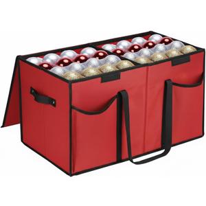 Christmas Ornament Storage Box with Dividers & Pockets - Holiday Ornament Organizer Bag - Holds 128 Balls - Durable Red Fabric Container with Handles - Foldable Xmas Decorations Storage