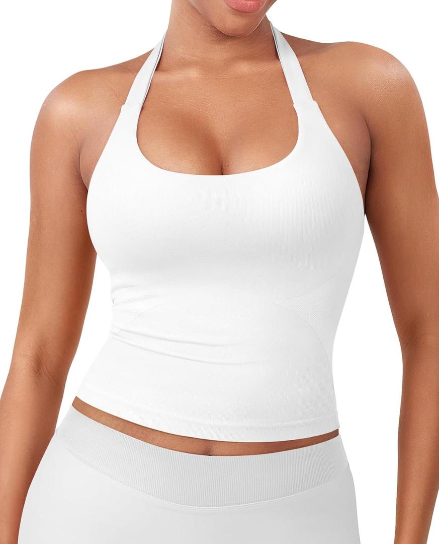 YEOREO SoftHue Women's Impact Halter Tank Top Longline Backless Scoop Neck Built-in Bra Sports Workout Gym Crop Top (White)