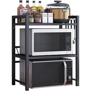 Expandable Microwave Rack, Countertop Kitchen Utensils Tableware Storage, Carbon Steel 3 Tier Shelf with 3 Hooks