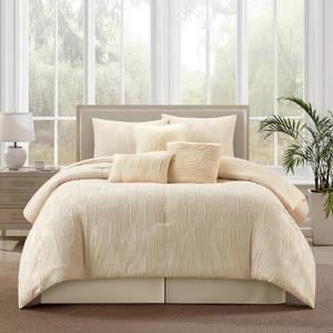 Beige Comforter Set King Size, 7 Piece, Clip Geometric Home Decor, Matcking Bed Skirt, Pillows & Shams, All Season Bedding Set