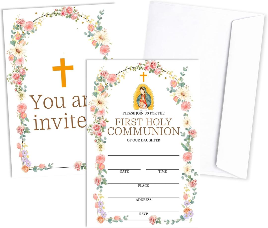Baptism Invitations Cards With Envelopes, Greenery Floral First Holy Communion Decorations Supplies For Girl, Baptism Christening Cards, Religious Celebration Ceremony Invites, A Set Of 25 -04