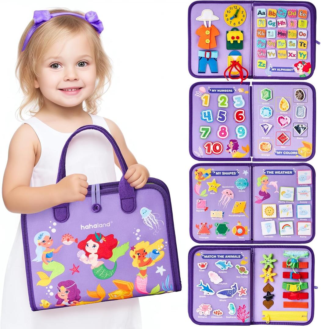 hahaland Busy Board Montessori Toys - 3 Year Old Girl Gifts Bithday Gift Ideas - 8 in 1 Preschool Learning Activities - Educational Toys Easter Basket Stuffers Little Girls Age 3 Travel Busy Book
