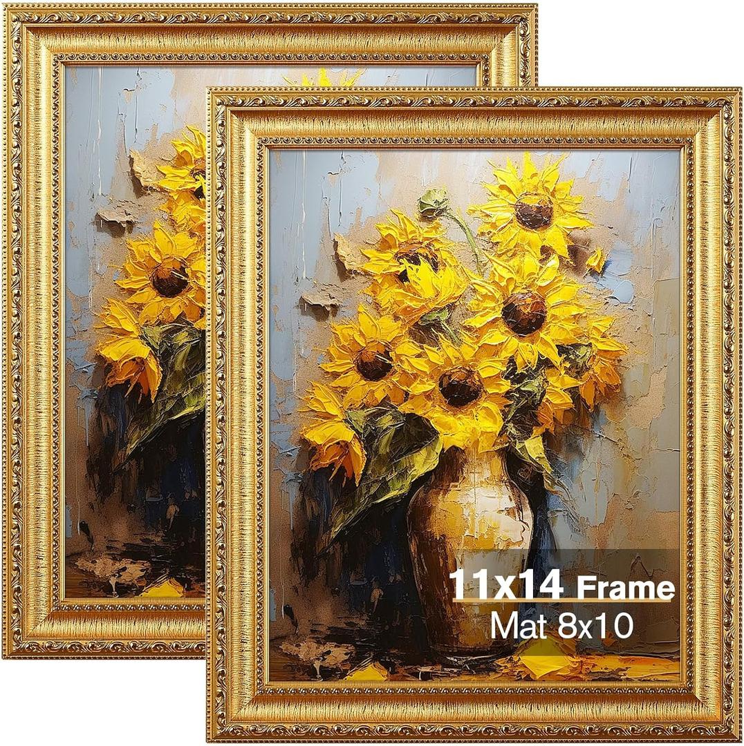 11x14 Gold Picture Frame, Photo Frame for Wall or Tabletop Display, 2 Pack Ornate Vintage Picture Frames with Real Glass, Display Poster 8x10 with Mat or 11x14 without Mat for Antique Dco (11"x14")