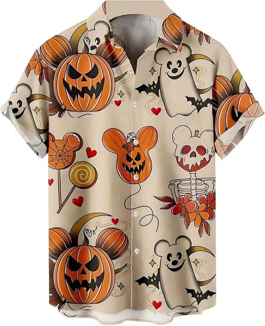 Mens Halloween Shirt Pumpkin Printed Hawaiian Bowling Short Sleeve Casual Button Down Holiday Shirts (XX-Large)