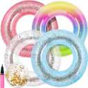 Elcoho 6 Packs Pool Floats Inflatable Pool Floats Colorful Sparkling Glitter Swim Rings with Sequined Beach Ball and Pump for Beach, Party Supplies