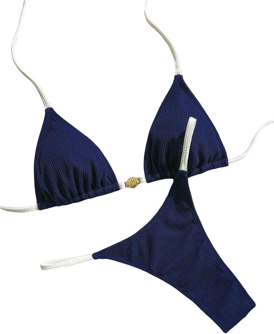 SOLY HUX Women's Halter Triangle Bikini Set Contrast Binding Thong Bathing Suit Two Piece Swimsuit (Medium, Solid Dark Blue)