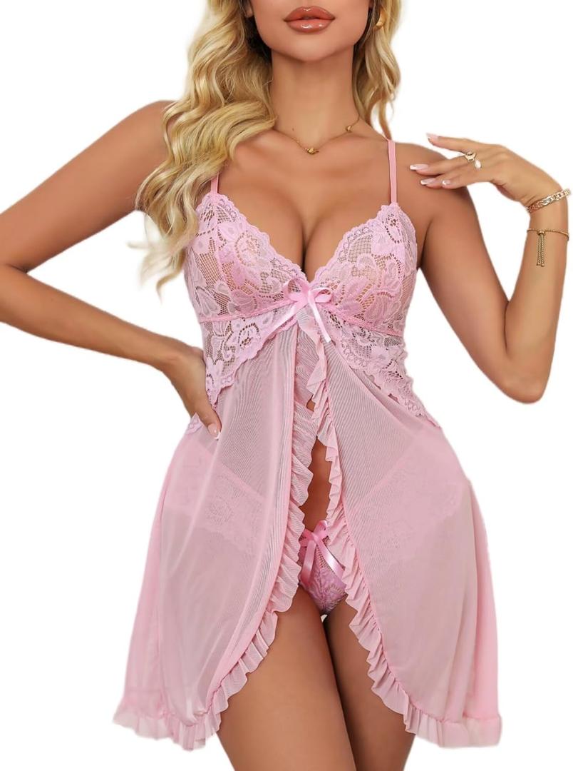 Sexy Lingerie for Women Open Front V Neck Lace Nightgown Babydoll Sleepwear Sheer Dress (Light Pink, S)