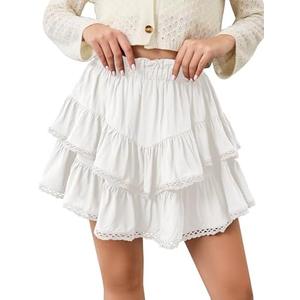 calbatic Womens Flowy Ruffle Tiered Skorts Elastic High Waist Lace Trim Mini Skirts Golf Tennis Crochet Shorts White, Medium
