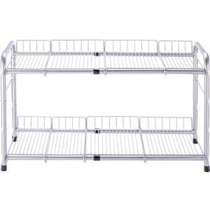 FlagShip 2 Tier Under Sink Organizers and Storage Rack Expandable Cabinet Shelf for Kitchen Bathroom Silver (17-25 inches)