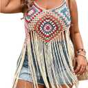 WDIRARA Women's Plus Size Floral Crochet Cami Top Boho Hollow Out Fringe Sleeveless Cover Up Tops (3X-Large Plus, Multicolor)