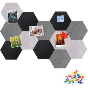 Gute 12 Pcs Hexagon Felt Bulletin Board Tiles Self Adhesive, Black Gray White Felt Cork Board for Wall Decor, Pin Board for Home Office School Memos Photos Notes Display