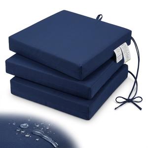 Navy Blue Outdoor Seat Cushion Set (Set of 3) – Square High-Density Foam Chair Pads with Attached Ties for Patio Chairs, Benches & Dining Seating, 19" W x 19" D x 3" Thick