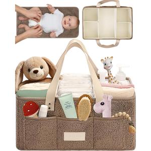 Baby Diaper Caddy Organizer with Portable Changing Mat - Teddy Fleece Diaper Organizer for Changing Table - Basket for Changing Essentials - Baby Essentials Organizer with Removable Dividers, 4/ Taupe Diaper Caddy with Changing Pad