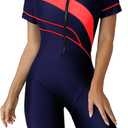 FEOYA Women One Piece Modest Swimsuit Boyshort Short Sleeve Rashguard Contrast Line Snorkel Surf Suit Sport Bathing Suit (XS)