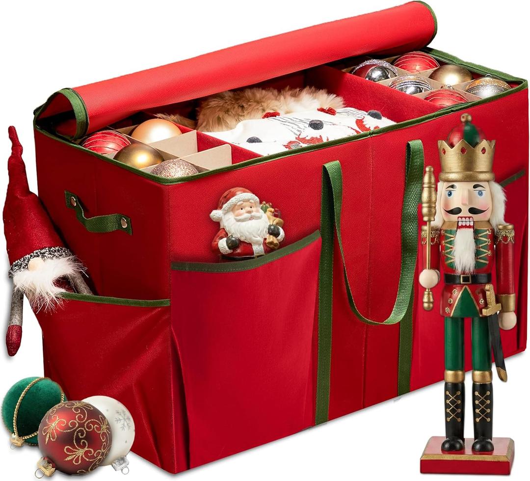 ZOBER Large Christmas Ornament Storage Box - Stores 80 3" Ornaments, With Dividers - With Large Compartment for Figurines, and Accessories, Durable Christmas Containers Holder (Red, 80-3" Ornaments)