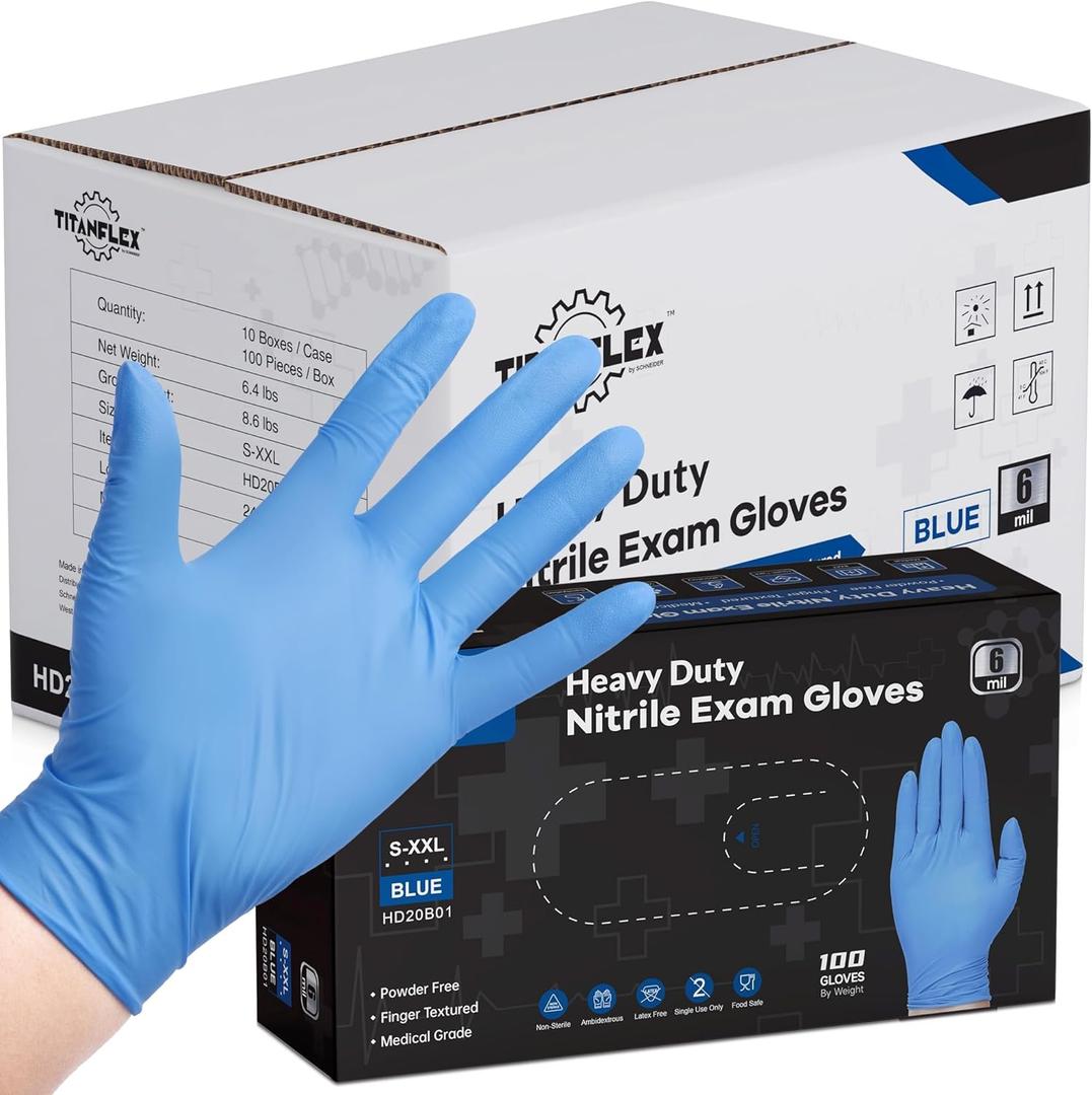 TitanFlex Nitrile Exam Gloves, Blue, 6-mil, Heavy Duty Nitrile Gloves, Mechanic Disposable Gloves, Latex Free, Powder Free, L
