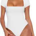 REORIA Womens Sexy Square Neck Double Lined Shirt Stretchy Basic Short Sleeve Going Out Thong Bodysuit Tops, Medium