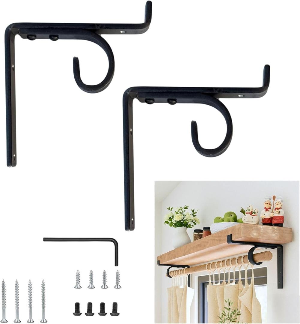 MKsteelco Curtain Rod Shelf Brackets Handmade - Heavy Duty Above Window Bracket, Wall Rod Support, Blinds & Shelves & rods Holder, Black Decorative Iron Dowel Supports, Blind & Shelving Holders