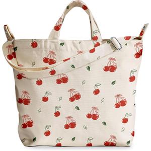 Gemfit Canvas Crossbody Tote Bag for Women – Cute Large Shoulder Bags with Zipper Interior Pocket Adjustable Long Strap for Work, Shopping, Travel, Reusable Grocery, Cherry