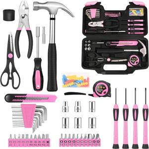 132 Piece Pink Tool Set, Womens Tool Kit for House, All Purpose Tool Kit for Home & Women, Small Home Repair Tool Set with Plastic Storage Toolbox for Garage, Office, College Dormitory, DIY Projects