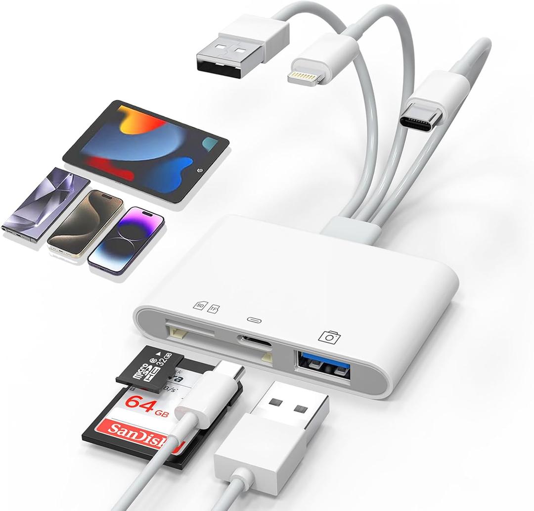Universal SD Card Reader for iPhone/Mac - Upgraded TypeC(Data)+Lightning+USB Three Port SD/TF Memory Card Reader Digital Camera Transfer to Phone Adapter, Multi Port 4 in 1 Universal SD Card Reader
