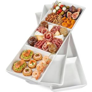 DELLING 16x5 Inch Ceramic 3-Section Serving Tray Set of 3, Stackable Divided Serving Platter - White Porcelain Appetizer Tray for Snack Food Dessert, Dishwasher Safe