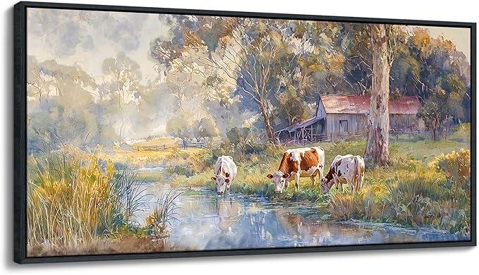 JEAWA Framed Canvas Wall Art - 20x40 IN Watercolor Landscape Painting Ready to Hang, Country Picture with Wooden House and Green Trees, Cow Art Prints for Bedroom Bathroom Home Decoration