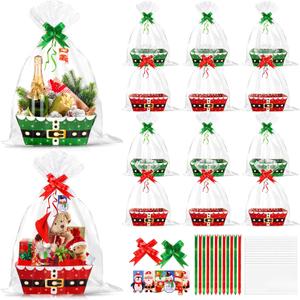 Orchidleaf 12 Pack Christmas Basket for Gifts Empty with Handle Gift Baskets Empty to Fill Bulk Red and Green Gift Boxes with bows, Gift Cards for Christmas Party Presents