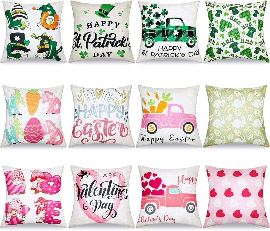 VitalCozy 12 Pcs Easter Pillow Covers 18 x 18 Inch Decorative Throw Valentines Day St. Patrick's Day Cushion Case Set Holiday Love Heart Clovers Bunny Eggs Pillow Case for Home Decoration