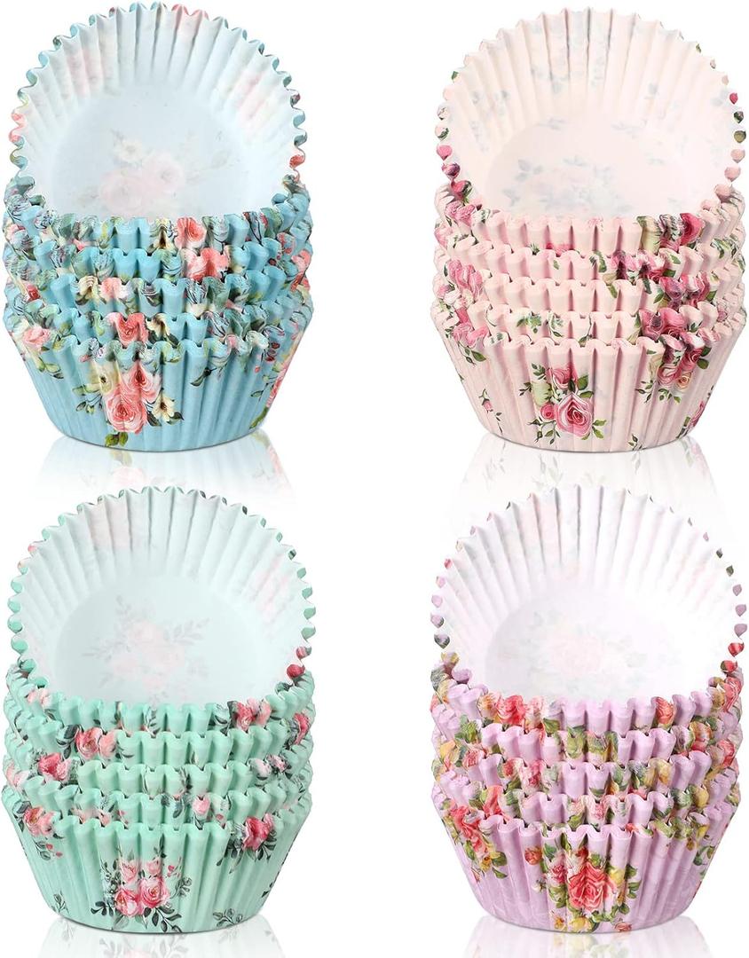 Yaomiao 600 Count Floral Cupcake Liners Tea Party Baking Paper Easter Flower Muffin Cupcake Liners Wrappers for Tea Party Wedding Birthday Baby Shower Decorations, 4 Styles