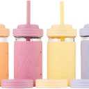 Elk and Friends Kids + Toddler Glass Cups | The Original 12oz Glass Mason Jar with Sleeves + Lids | Silicone Straws + Stopper | Smoothie Cup | Food Storage | Blush/Lilac/Peach/Lemon | 4 Pack
