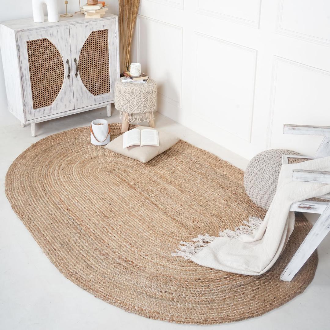 RAJRANG Large Jute Area Rug 8'x 10' Natural Hand Woven Boho Reversible Braided Farmhouse Oval Rugs