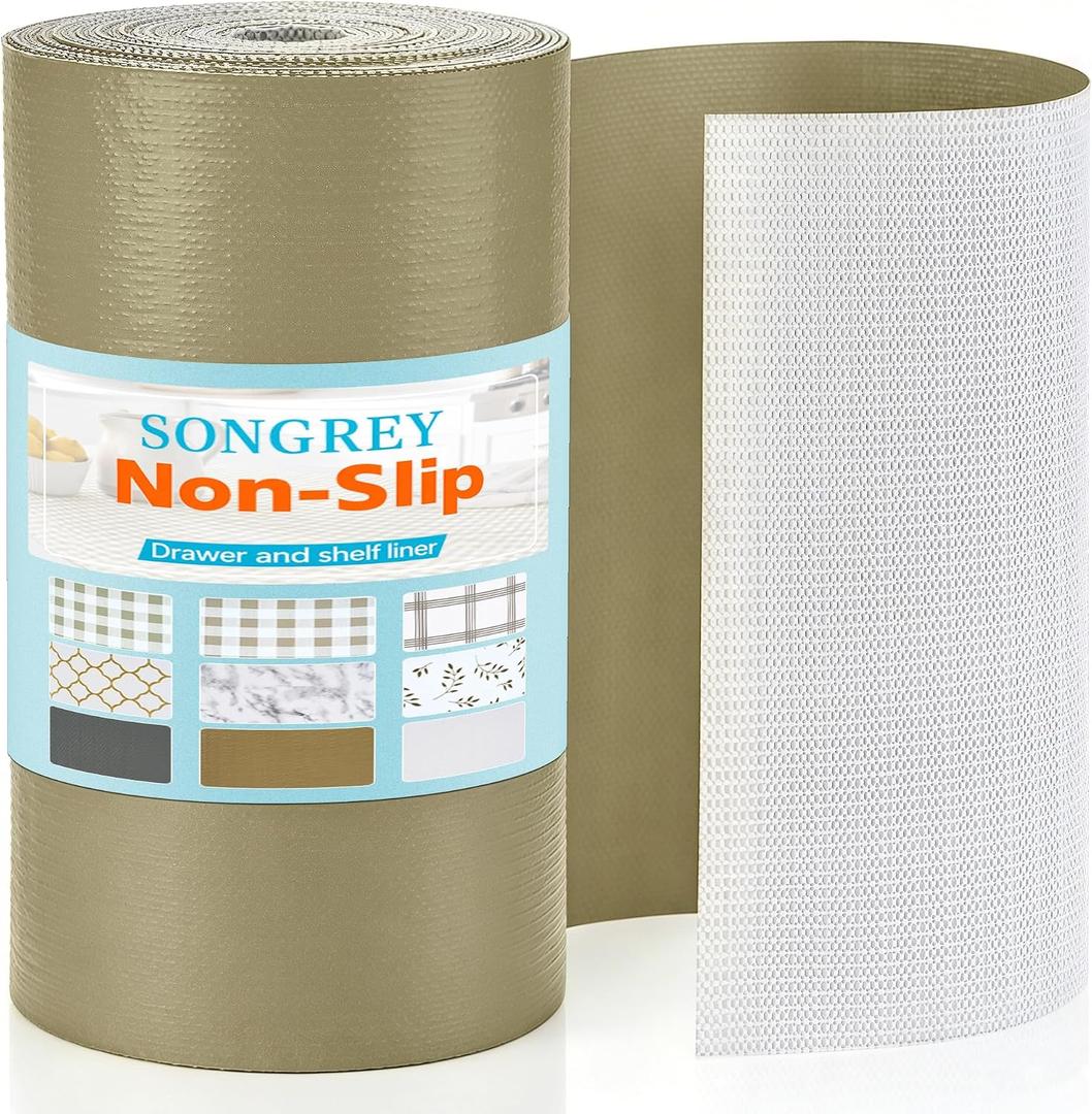 Songrey Non-Adhesive Shelf Liner & Cabinet Liner, 20" x 240" Non-Slip Drawer liner for Kitchen Cabinet, Waterproof Countertop Contact Paper for Bathroom, Shelves, Dresser, Pantry, Beige