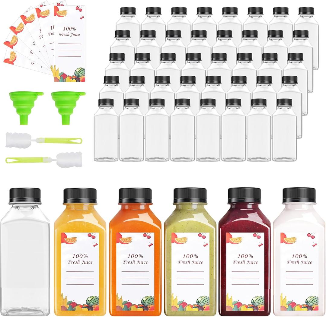 56pcs 8oz Pcs Juice Bottles, Juice Bottle with Caps Reusable Empty Clear Bottles with Label, Funnel, Brush Bulk Beverage Containers for Juicing, Drinking, Smoothie and Other Beverages (8oz)