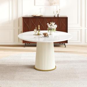 KEIKI 43.3" Round Dining Table for 4-6, Modern Kitchen Table with Glossy Sintered Stone Top, Pleated PU Leather Iron Pedestal, Adjustable Feet, White