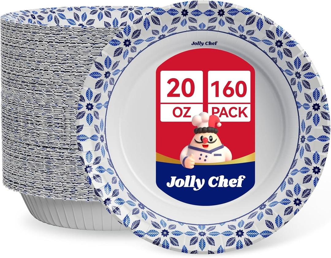 JOLLY CHEF 160 Count Paper Bowls 20 oz Soak Proof, Heavy Duty Printed Disposable Bowls Bulk for Dinner or Lunch (Blue)