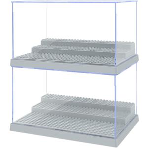 2 Pack Display Case for Minifigure Action Figures Blocks, Acrylic Minifigure Display Case Box Storage with 3 Movable Steps Gift for Kids Adults (Grey)