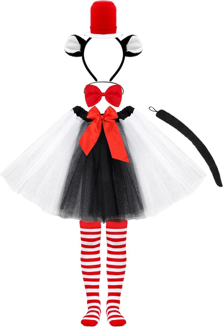 SOMSOC Tulle Tutu Skirt Girls Costume Set Child Headband Bowtie Striped Tights Cat Costume for Halloween Party Cosplay (4-6X)