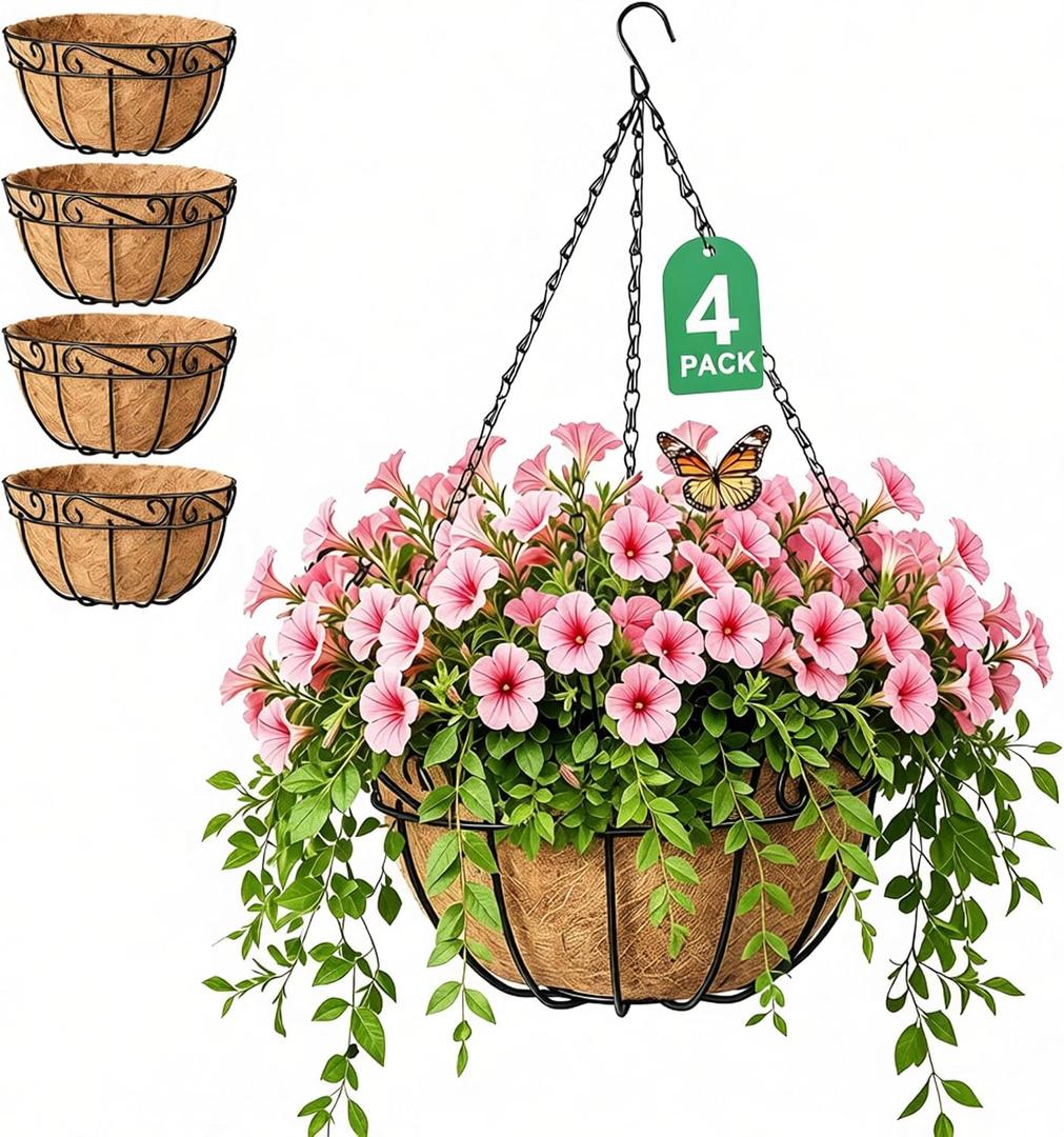 AMAGABELI Garden & Home 4 Pack 15 Inch Plant Hanging Baskets Metal Hanging Planter Flower Pots Outdoor Indoor Wire Hanging Basket for Plants with Coco Fiber Liners Chain for Garden Home Porch Decor