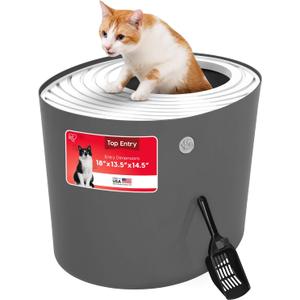 IRIS USA Top Entry Cat Litter Box, Hooded Privacy, Large, Dark Gray/White