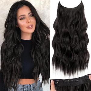 KooKaStyle Invisible Wire Hair Extensions with Transparent Wire Adjustable Size 4 Secure Clips Long Wavy Secret Synthetic Hairpiece 20 Inch 120g Rich Dark Brown with Warm Tones for Women