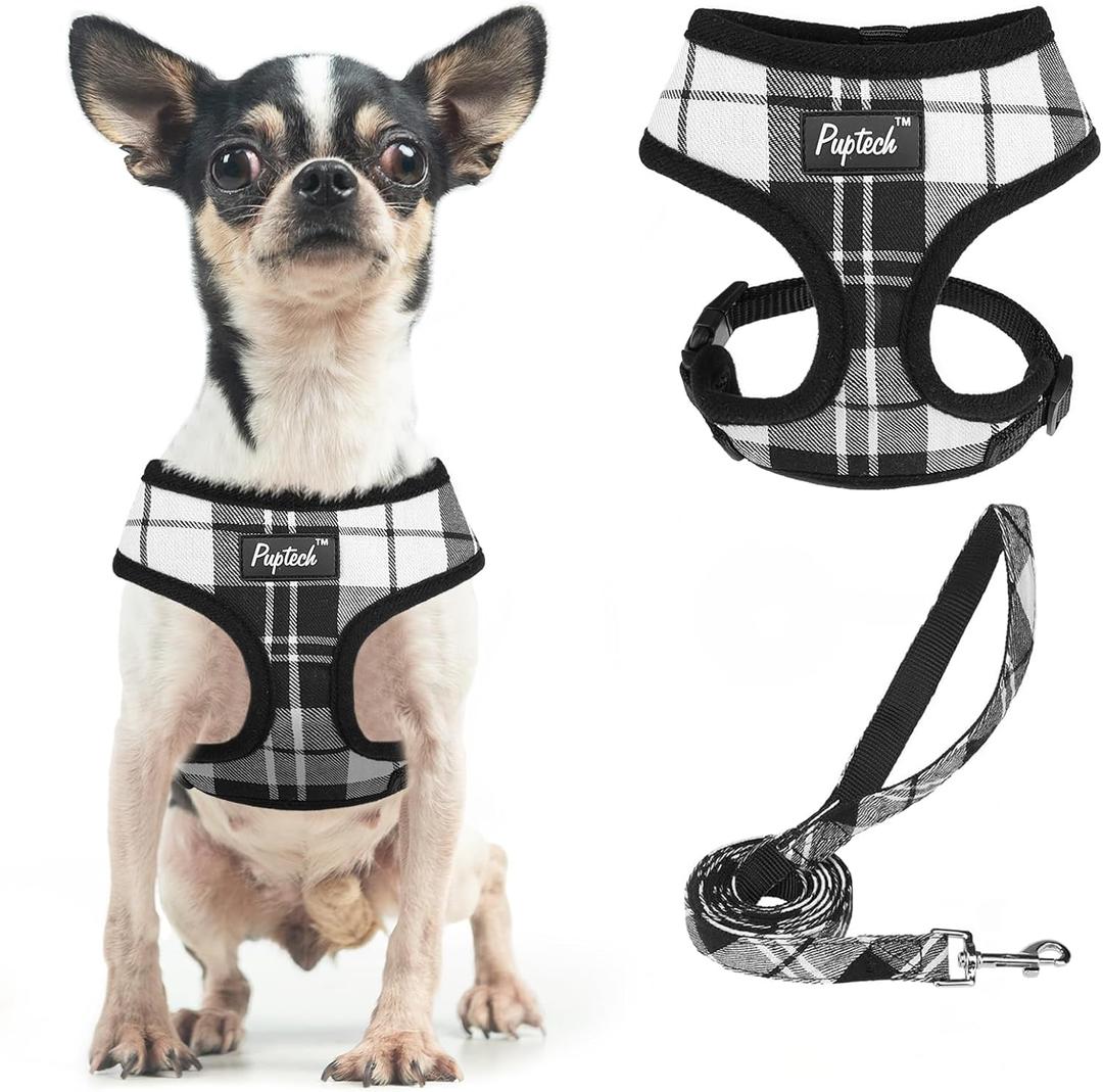 PUPTECK Soft Mesh Dog Harness and Leash Set Pet Puppy Cat Comfort Padded Vest No Pull Harnesses, Black&White, XS (XS (NECK: 10", CHEST: 10"-14"))