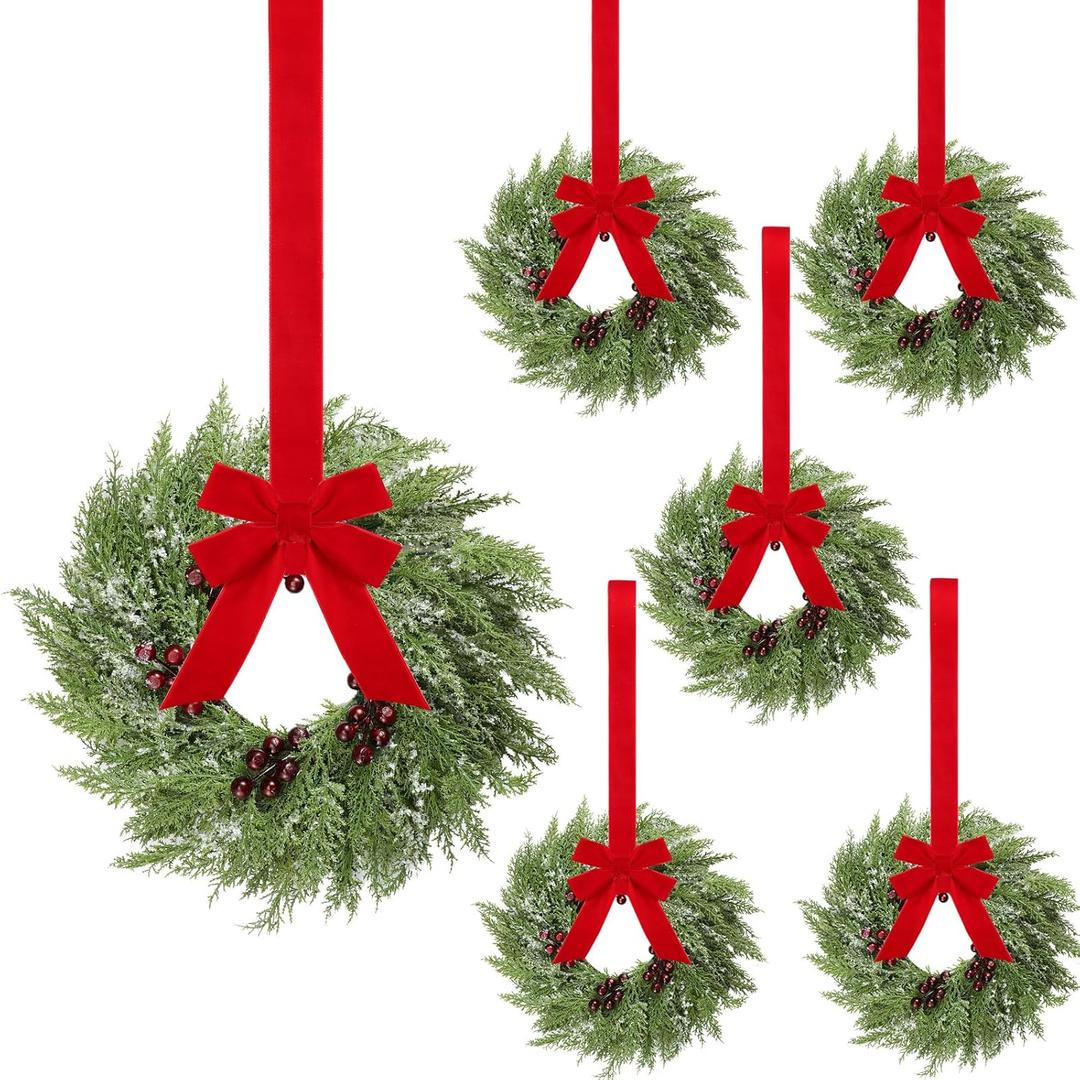 6 Pcs Small Christmas Norfolk Wreaths 15 Inch Christmas Kitchen Cabinet Mini Wreath Real Touch with Bow Ribbon Cedar Red Berry for Xmas Front Door Window Chair Fireplace Table Pillar Farmhouse Decor