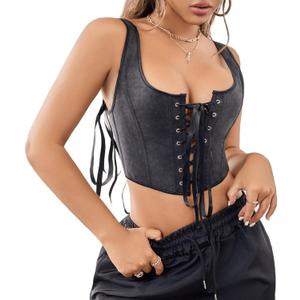 Women Vintage Black Lace-Up Bustier-Corset-Tops Boned Bustier Vest Sexy Overbustier for Going Out, Women's Corset Tops (Large)