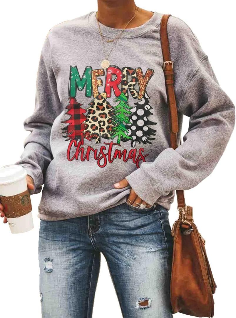 RETSUGO Womens Merry Christmas Sweatshirt Funny Christmas Tree Truck Graphic Pullover Casual Blouse Tops (X-Large)