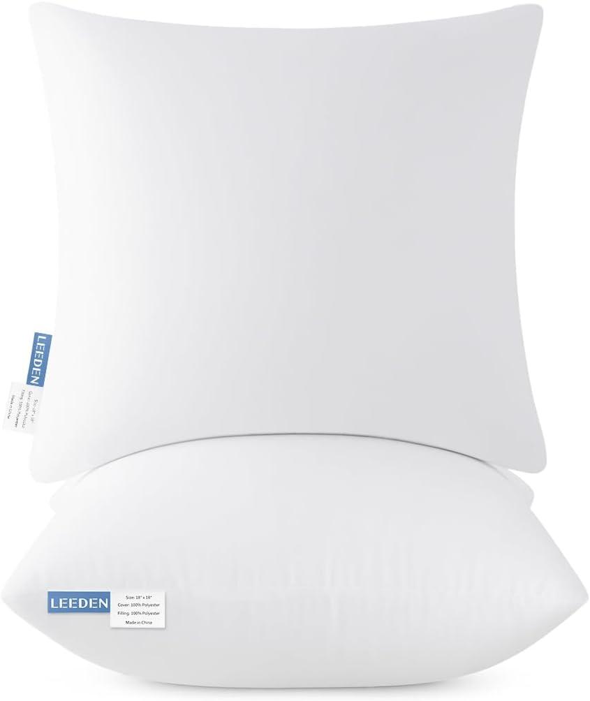 Leeden 18x18 Pillow Inserts Pack of 2, 18 Inch Throw Pillow Inserts, Soft Fluffy Decorative Square Throw Pillows for Couch, Sofa, Bed, and Home Decor White Pillows