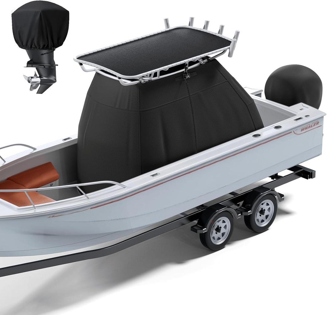 1200D Heavy Duty Waterproof T-Top Boat Center Console Cover | T-Top Boat Cover with Motor Cover, Heavy Duty Thick Tear-Resistant Marine Grade Polyester, 95" L x 59" W x 72" H, Black