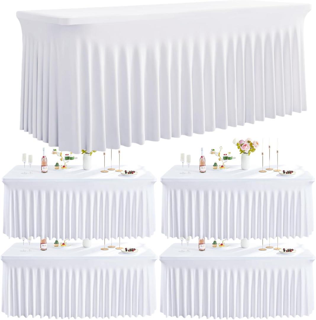 Outpain White Spandex Table Clothes for 8 Foot Rectangle Tables-4Pack 8FT Spandex Fitted Table Cover, Wrinkle Free