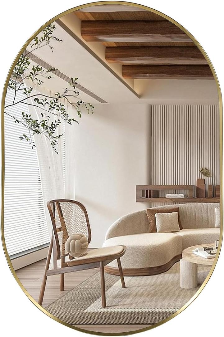 Gold Oval Mirror, 17"x30" Oval Bathroom Mirror, Vanity Mirror with Brushed Metal Frame, Wall Mount Mirrors Decor for Bathroom, Bedroom, Entryway, Living Room(Hangs Horizontally or Vertically)